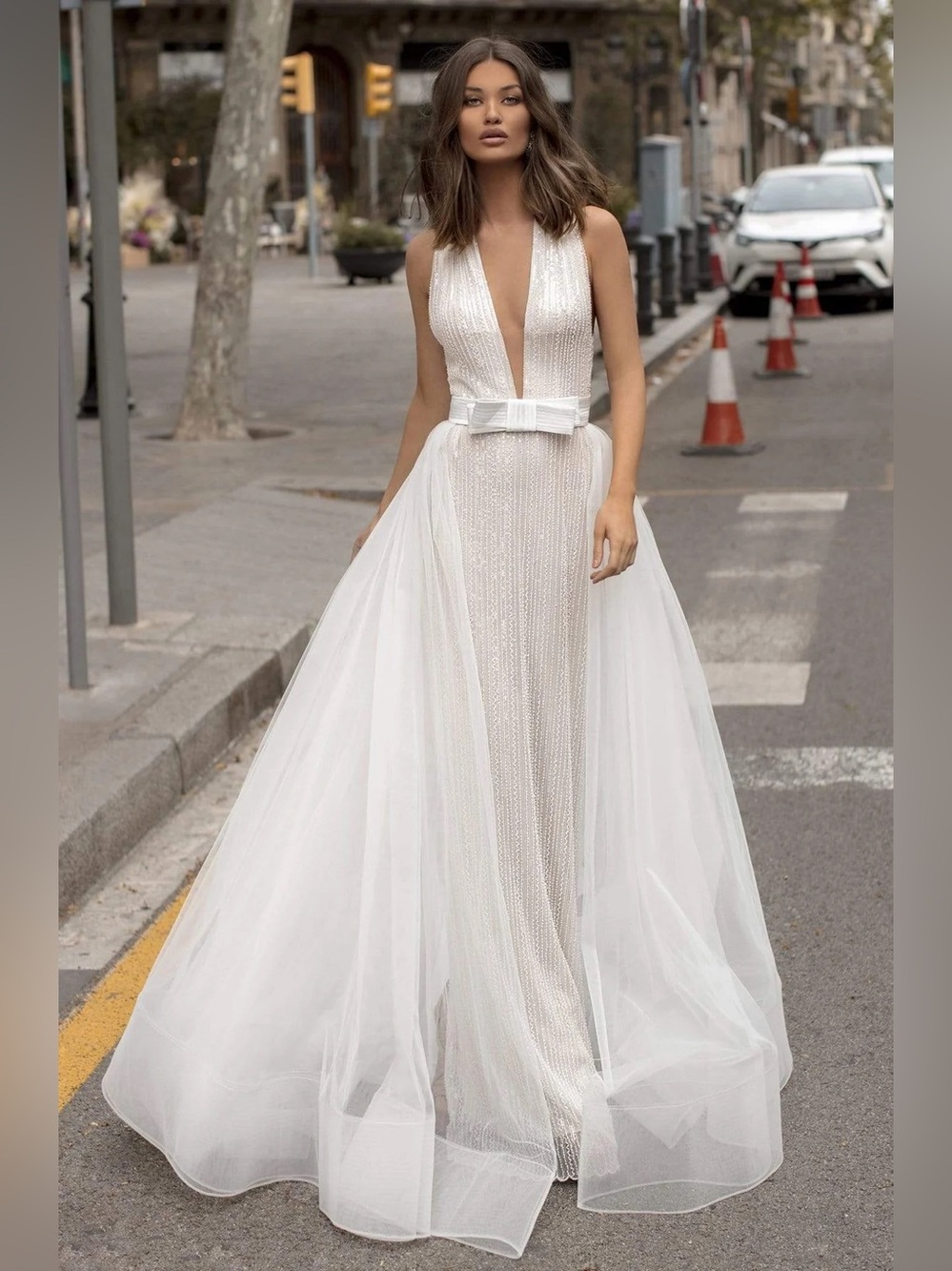 Tarik Ediz - 93953 Open Neckline Bow
Waisted Tulle Long Gown